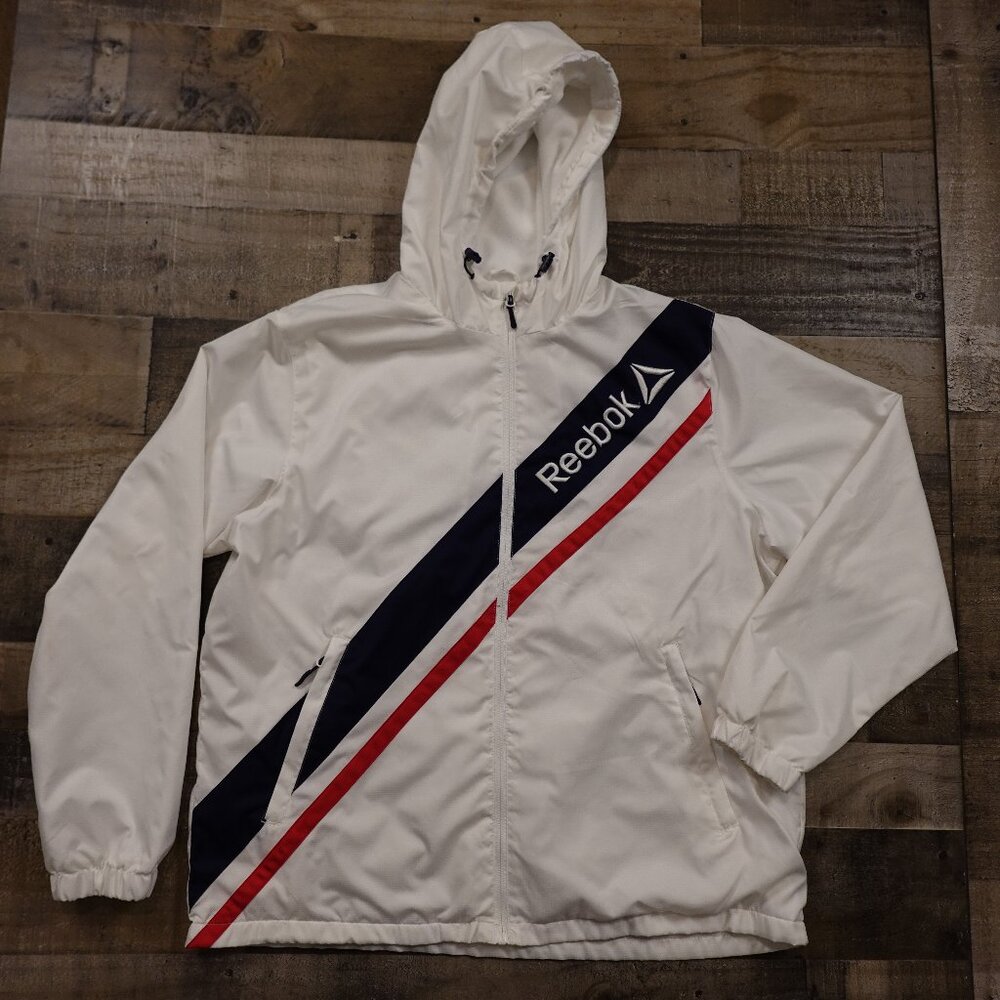 Reebok Hooded Windbreaker Jacket Men’s 2XL‎ White Red Blue Full Zip Athletic